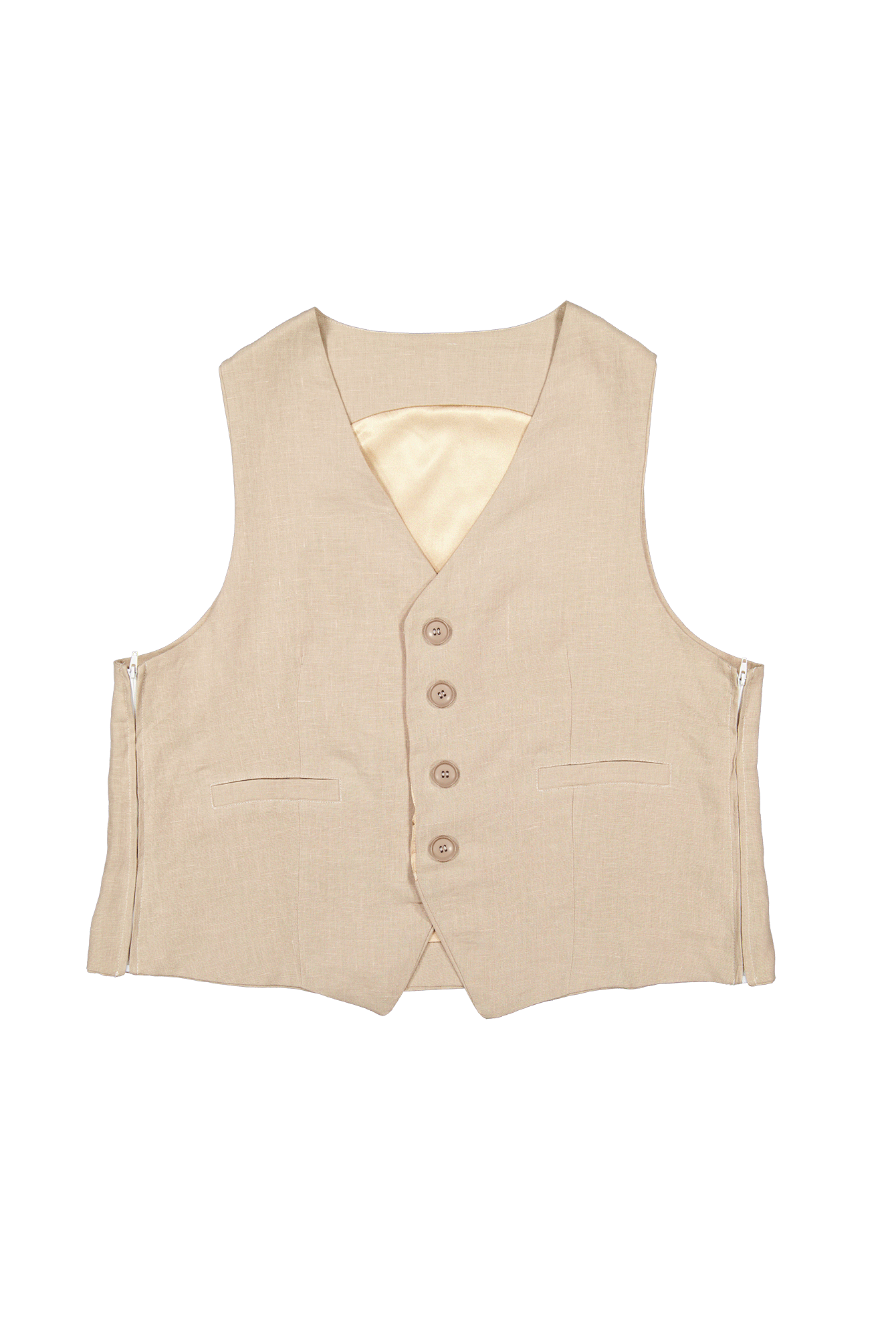 Dean Gender Neutral Waistcoat in beige linen fabric with four-button front closure, V-neckline, and two front welt pockets, featuring a satin-lined back panel for comfort and elegance. A versatile layering piece with a tailored, slim-fitting silhouette.