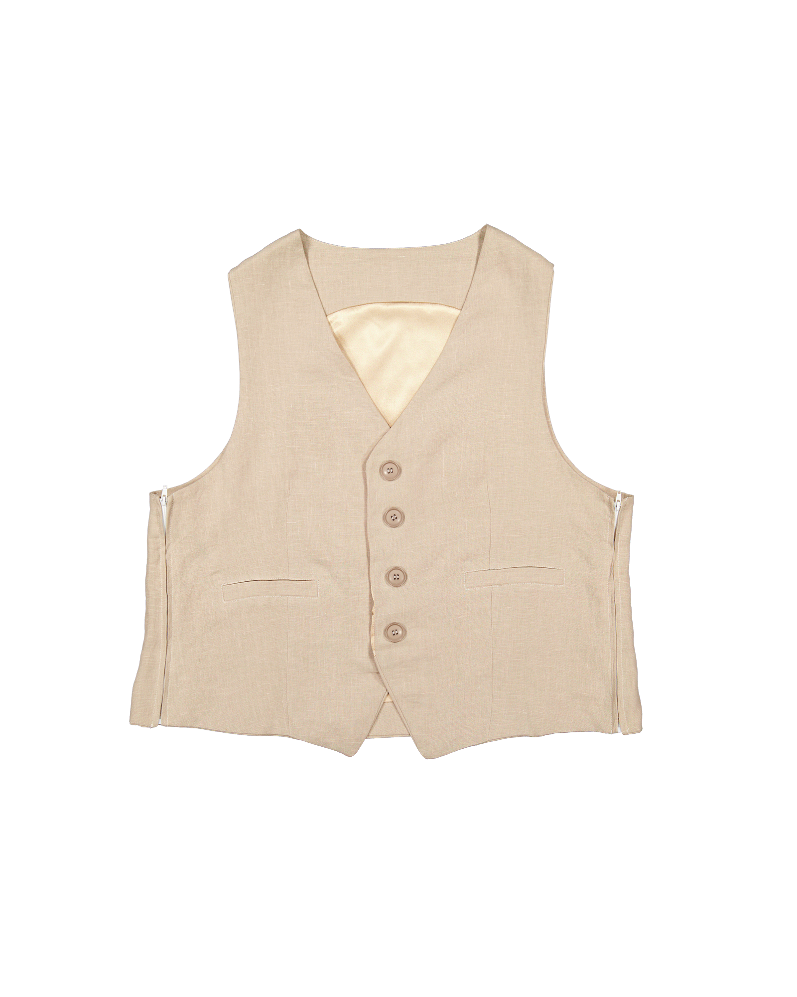 Dean Gender Neutral Waistcoat in beige linen fabric with four-button front closure, V-neckline, and two front welt pockets, featuring a satin-lined back panel for comfort and elegance. A versatile layering piece with a tailored, slim-fitting silhouette.
