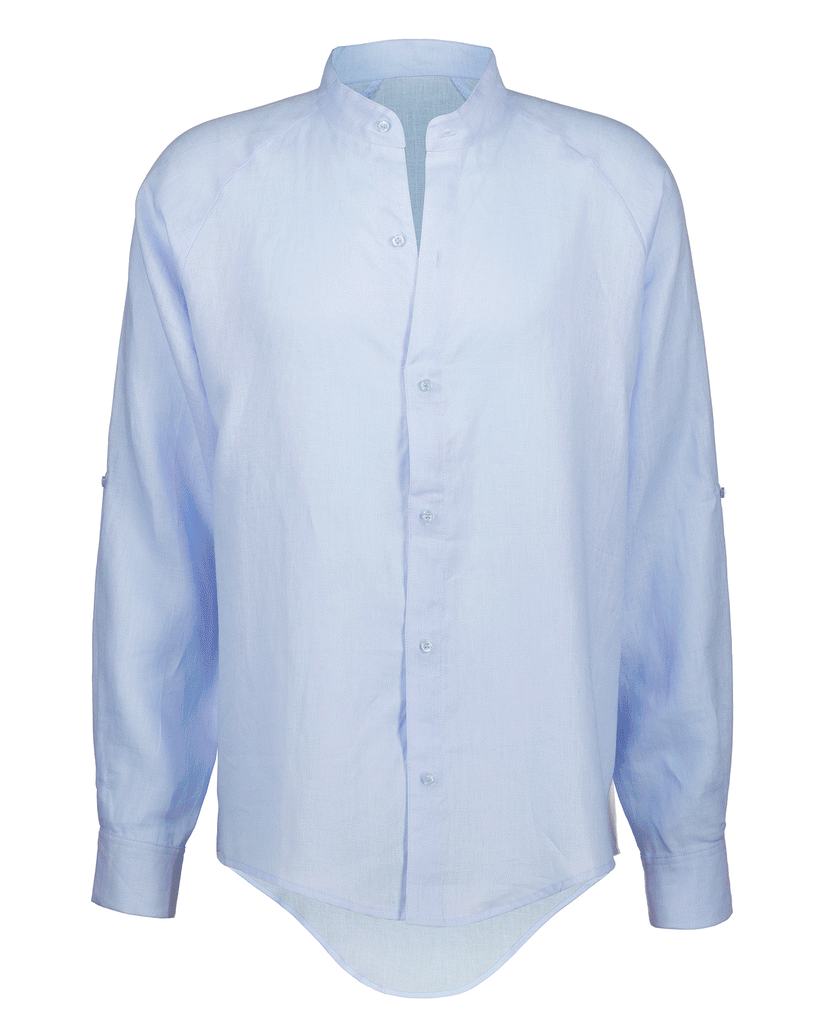 GIF (moving) file demonstrating the Sam linen shirt features. First frame is of the front of the shirt. Frame two is of the raglan shaped sleeve. Frame three demonstrates the cuff rolled up on the sleeve. Frame four shows the lower back of the shirt. Frame five and six demonstrate the magnetic openings on the front of the shirt and the sleeve cuff.  Christina Stephens Adaptive Clothing Australia. 