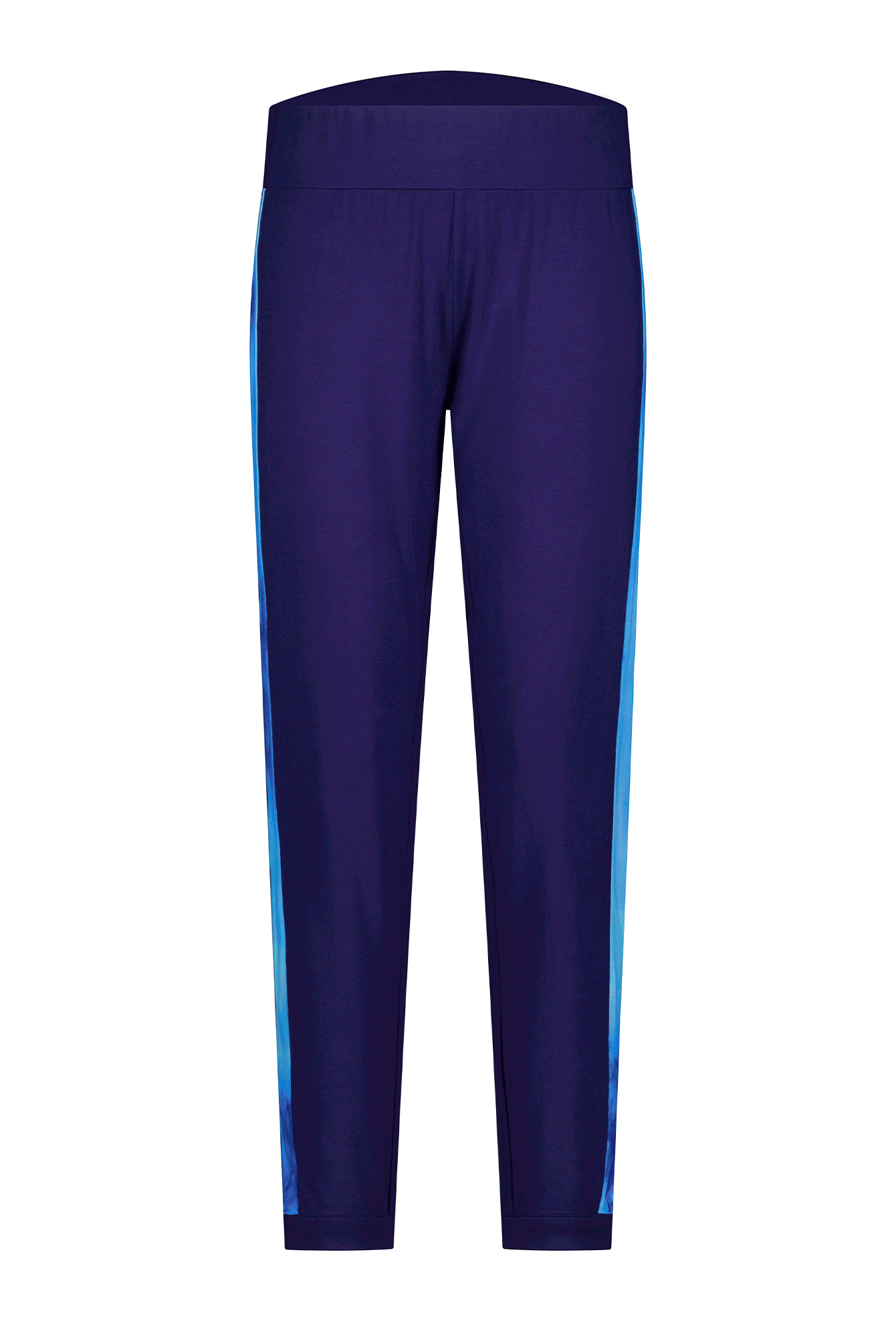 Natasha Physio Leggings in navy blue with light blue side stripes, featuring a comfortable elastic waistband and sleek athletic design perfect for workouts or casual wear