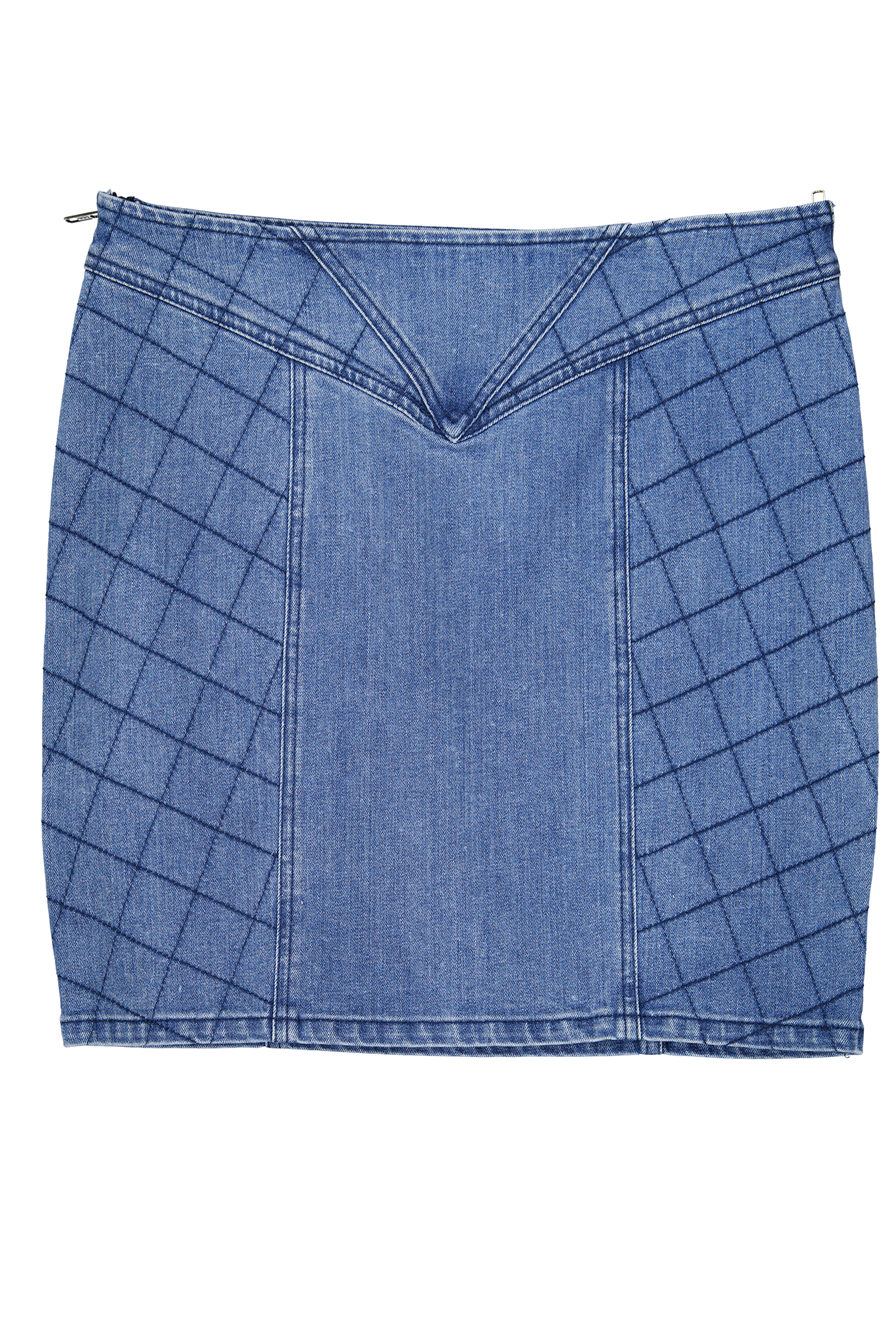 Bella Skirt featuring a unique quilted blue denim design with diagonal stitching pattern, dual side zips, and reinforced construction. Front view showing geometric quilted panels and mid-length cut in classic medium-wash denim.
