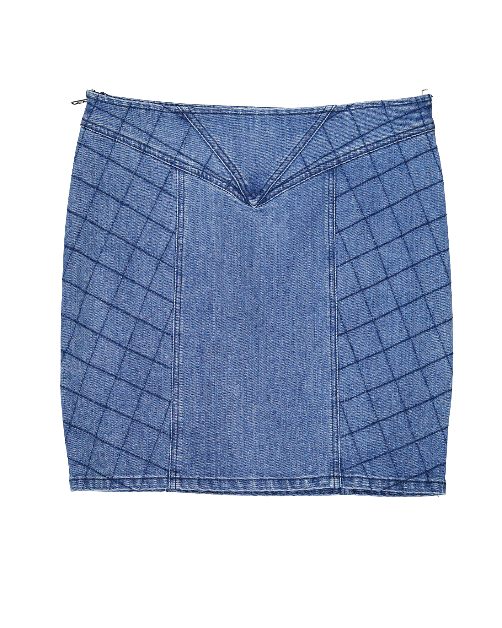 Bella Skirt featuring a unique quilted blue denim design with diagonal stitching pattern, dual side zips, and reinforced construction. Front view showing geometric quilted panels and mid-length cut in classic medium-wash denim.