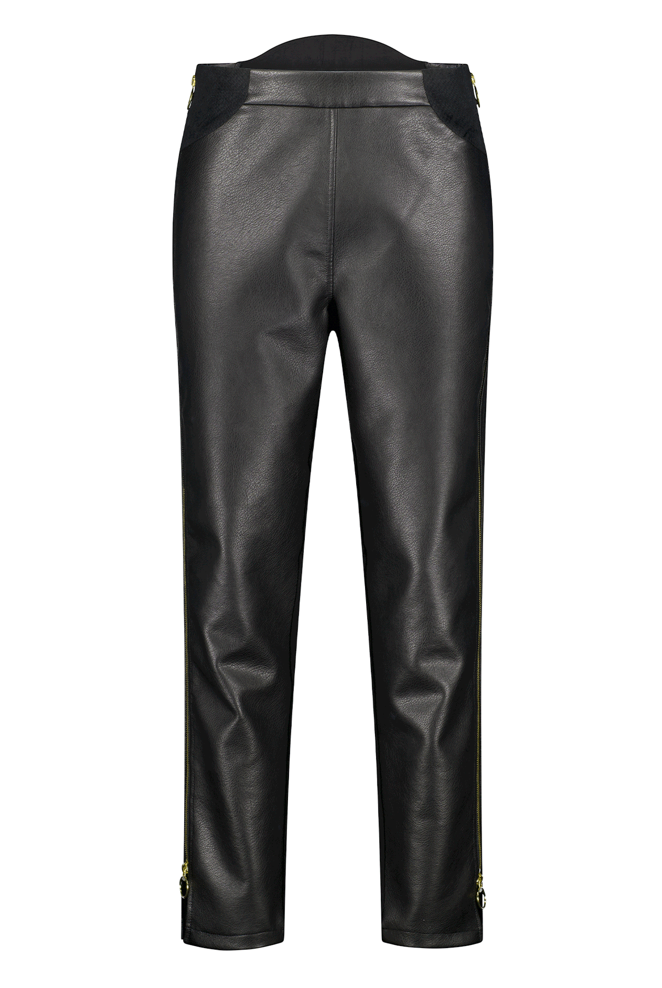 Suzie Q Seated Pants in sleek black pleather finish with adaptive design features, adjustable waistband, and side zippers. Seamless construction with specialized accommodation for medical devices, perfect for wheelchair users.