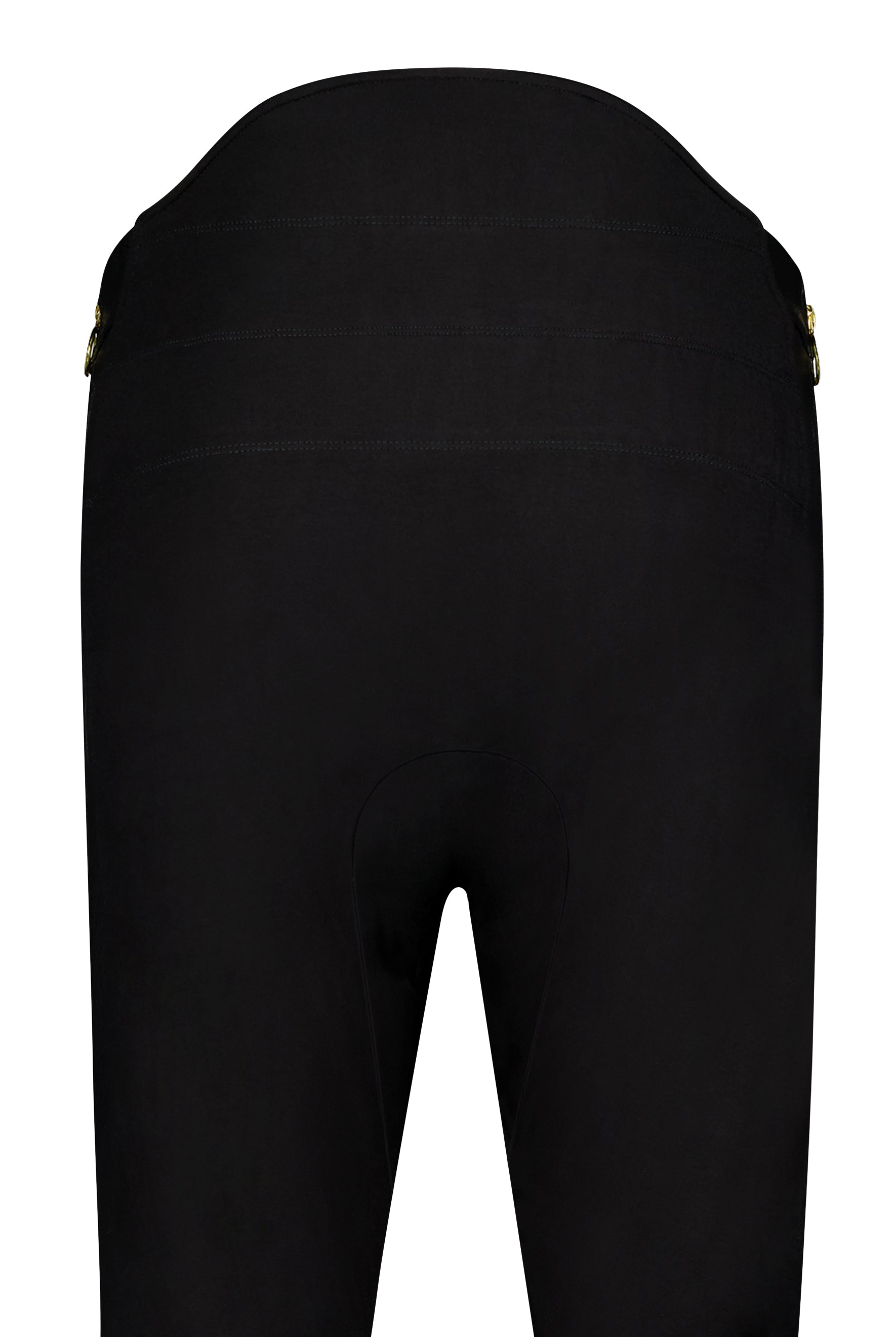 Suzie Q Seated Pants shown in classic black with seamless design, featuring high-rise back with gold zipper details. Specially tailored adaptive pants with extra room for medical accessories, available in sequin or pleather finishes. Wheelchair-friendly design showcasing elegant silhouette.