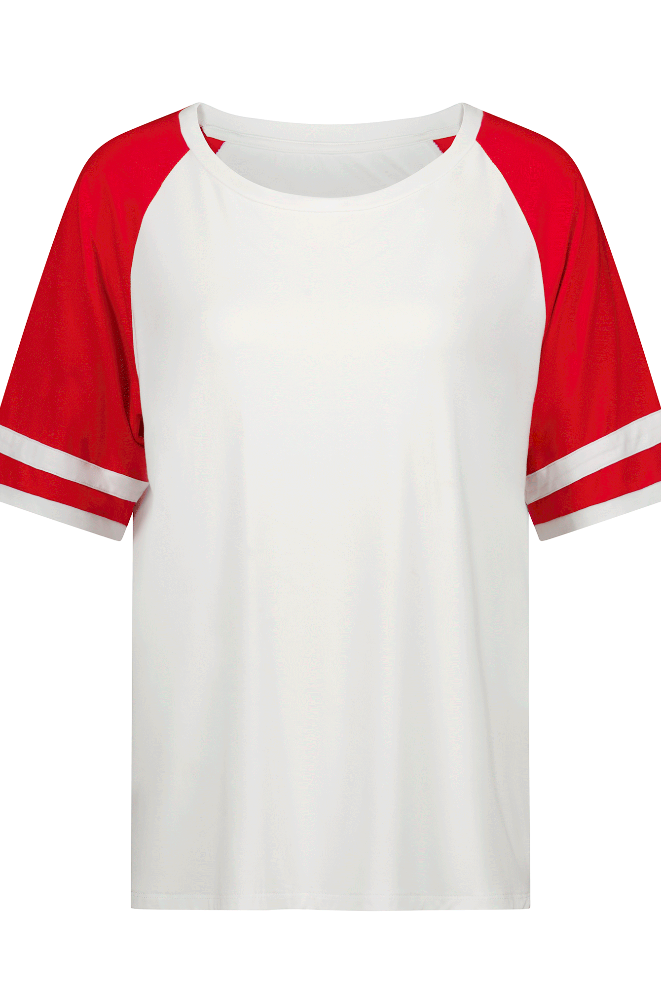 Lisa Raglan Leaf Back T-Shirt featuring a classic white body with vibrant red raglan sleeves, white stripe details on the sleeves, and round neckline design. Casual athletic-inspired t-shirt with contrasting color blocks perfect for everyday wear.