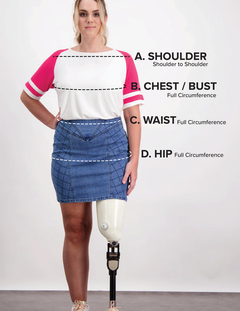 A female with a prosthetic limb wears a pink and white t-shirt and a quilted denim skirt. Christina Stephens Adaptive Clothing Australia. 