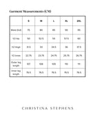 Christina Prosthetic Jeans size chart showing detailed measurements in centimeters for S through 2XL, including waist, hip, thigh, knee, and leg length measurements presented in a clear tabular format with brand name below