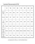 Seated Stretch Pant size chart displaying detailed measurements in centimeters, including waist, hip, thigh, knee, and leg lengths across sizes 8-22. Black and white measurement table with Christina Stephens branding.