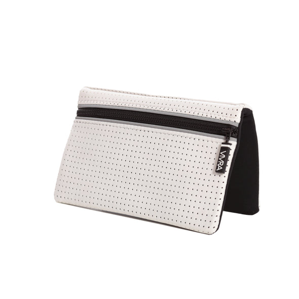 The VIVRA 'Base' waist bag in white, perforated wallet with black trim and zipper, adorned with a visible brand tag that says' Vivra', displayed against a white background.