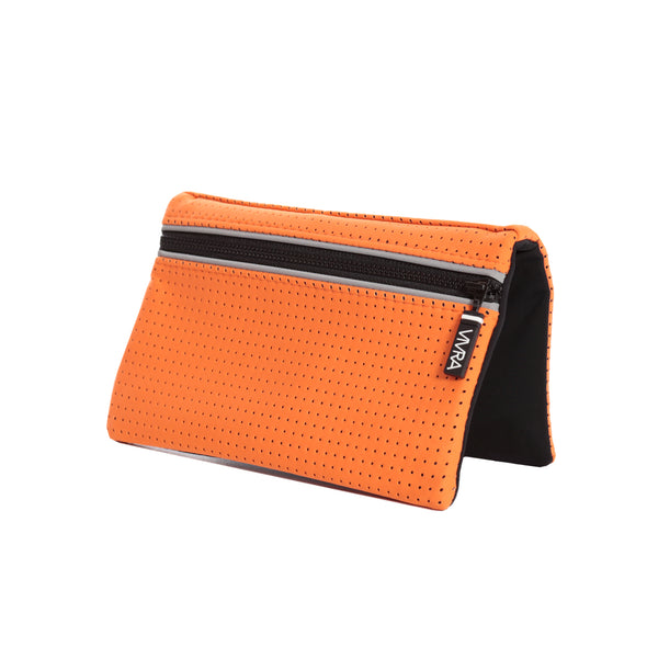 The VIVRA 'Base' waist bag in orange, perforated wallet with black trim and zipper, adorned with a visible brand tag that says, 'Vivra', displayed against a white background.