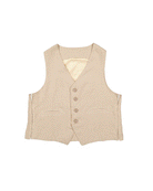 Dean Gender Neutral Waistcoat in beige linen fabric with four-button front closure, V-neckline, and two front welt pockets, featuring a satin-lined back panel for comfort and elegance. A versatile layering piece with a tailored, slim-fitting silhouette.