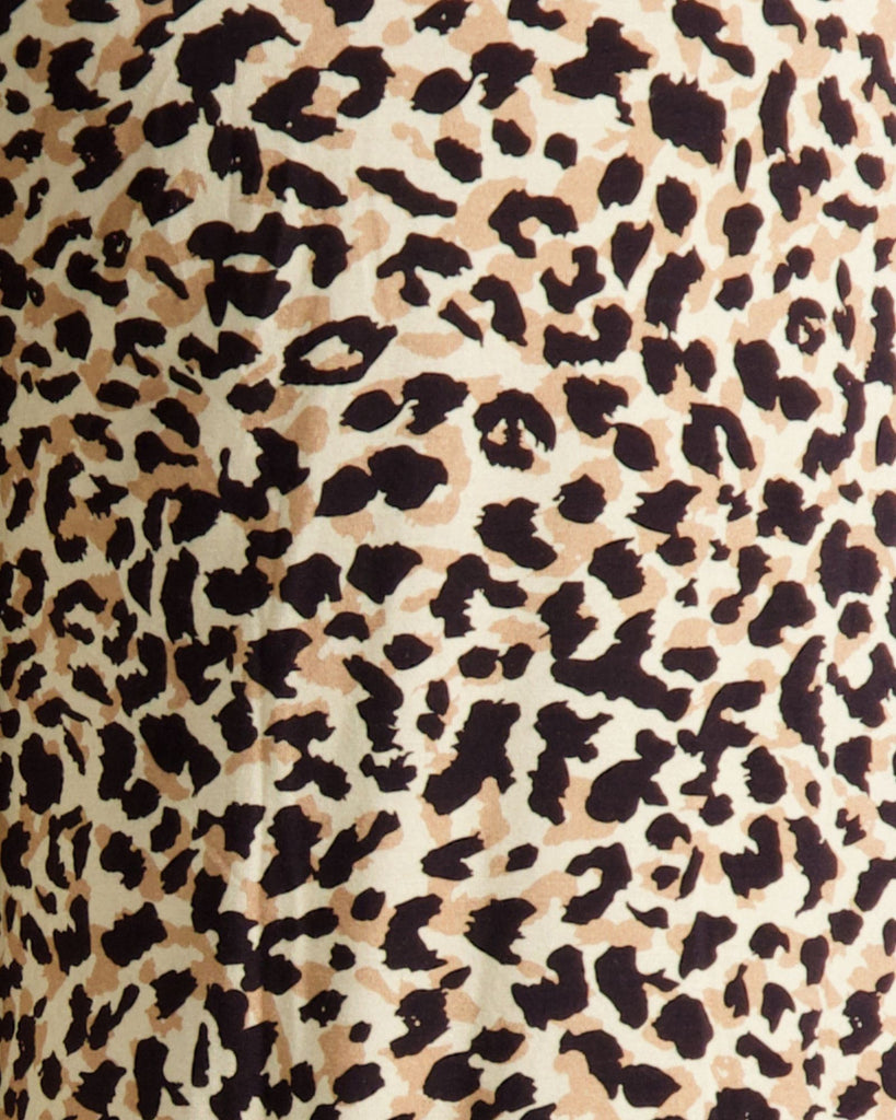 Image of a leopard print  bamboo fabric swatch.  It has cream, black and tan tones. 