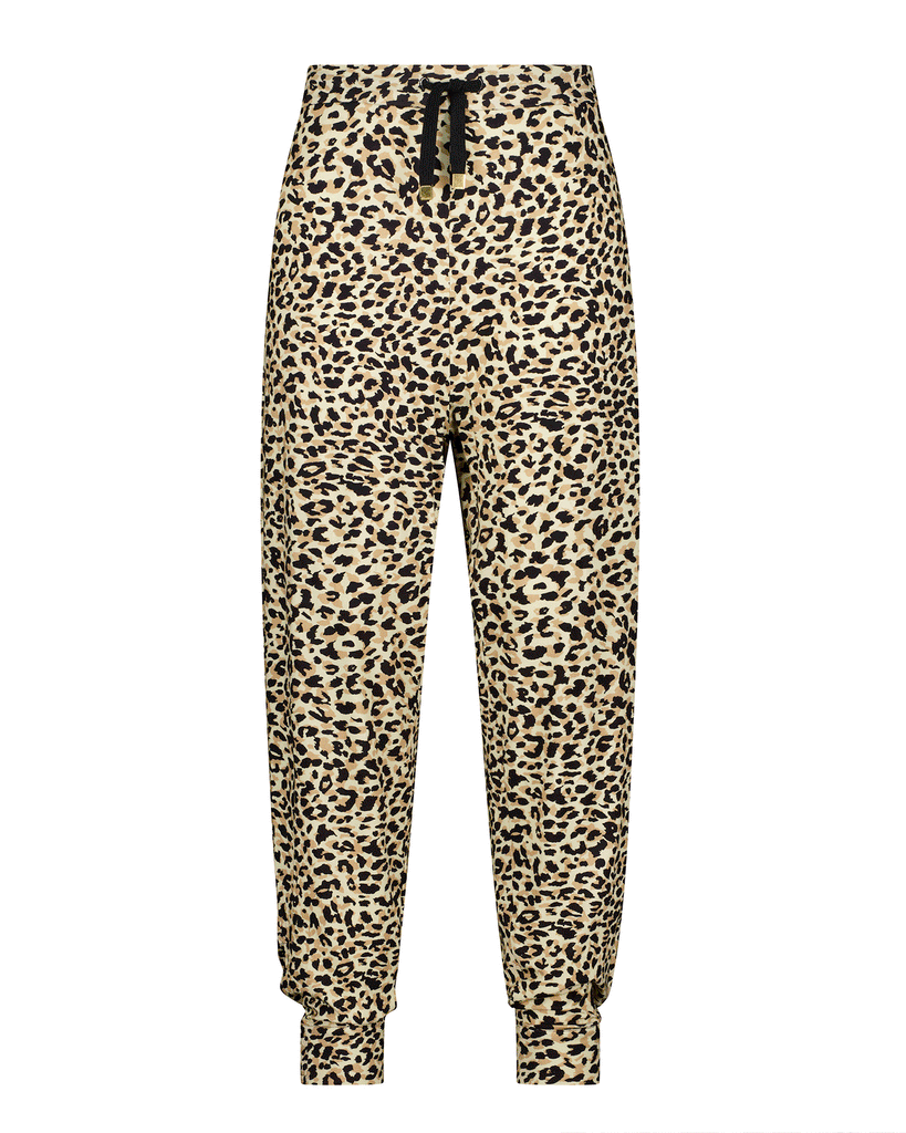 GIF (movie) file of the leopard print slouch pants demonstrating the hook and loop cuff at the ankle and crotch opening (invisible) zipper for self catheterisation. The pants have a black and gold draw string. Female hands with red nail polish are demonstrating the functionality on the garment. Christina Stephens Adaptive Clothing Australia. 