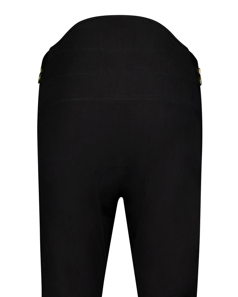 Image of seamless backside of Vegan Leather pants, which helps prevent pressure sores. The fabric is plain black bamboo. Christina Stephens Adaptive Clothing Australia.